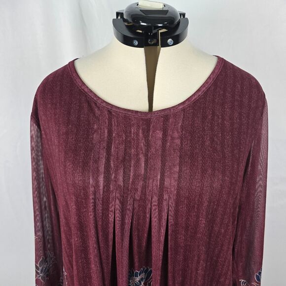 Timeson Blouse Women's 3XL Burgundy Floral Ruffle 3/4 Sleeve Round Neckline NWT - Picture 2 of 16